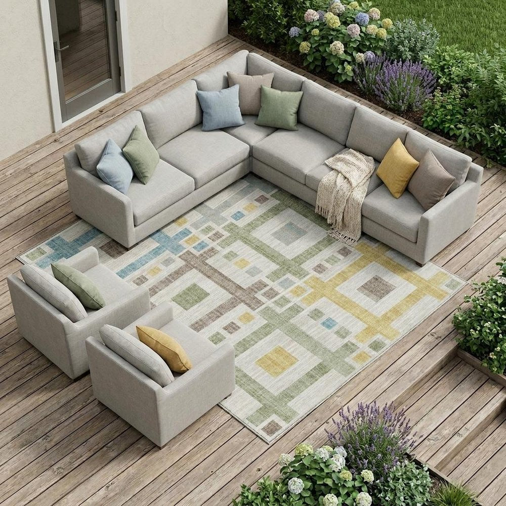 9' X 12' Ivory And Linen Geometric Washable Indoor Outdoor Area Rug — view 5