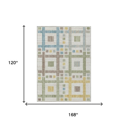 10' X 14' Ivory And Linen Geometric Washable Indoor Outdoor Area Rug