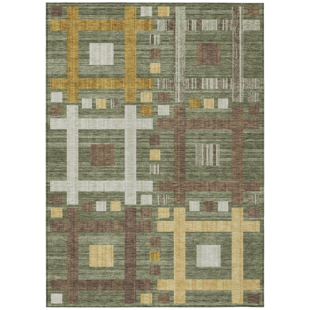3' X 5' Olive Green And Gray Geometric Washable Indoor Outdoor Area Rug — view 1