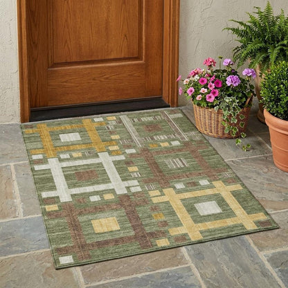 3' X 5' Olive Green And Gray Geometric Washable Indoor Outdoor Area Rug HomeRoots