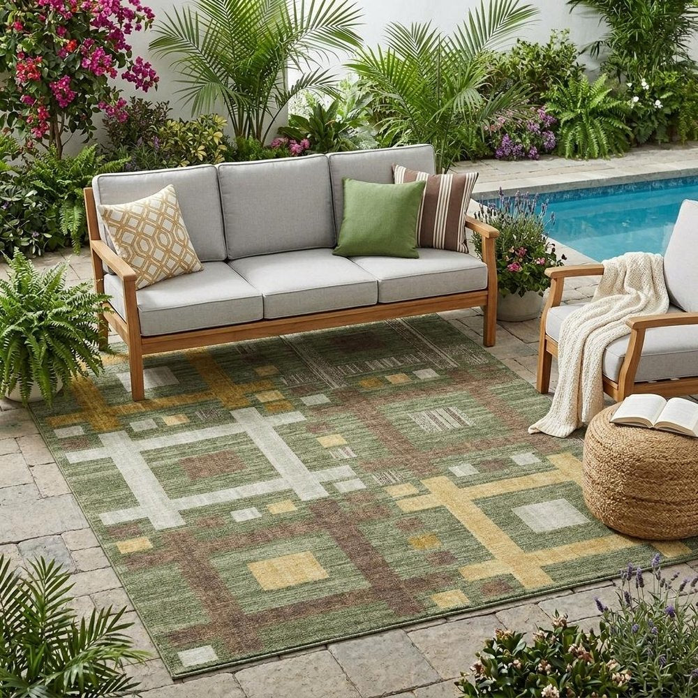 5' X 8' Olive Green And Gray Geometric Washable Indoor Outdoor Area Rug — view 5