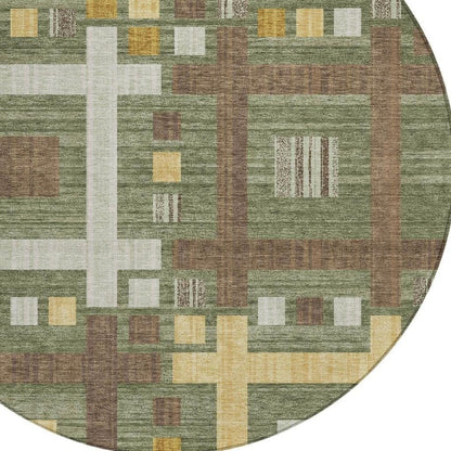 8' Olive Green And Gray Round Geometric Washable Indoor Outdoor Area Rug HomeRoots