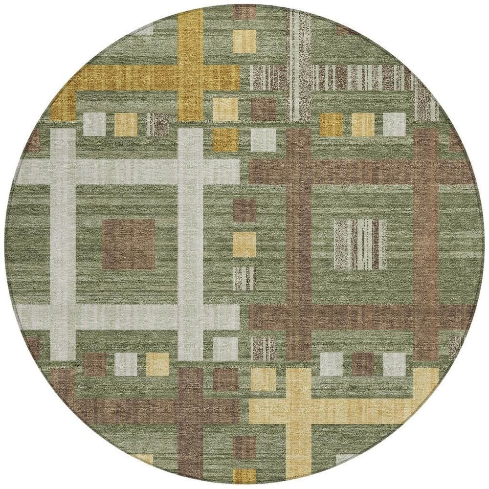 8' Olive Green And Gray Round Geometric Washable Indoor Outdoor Area Rug
