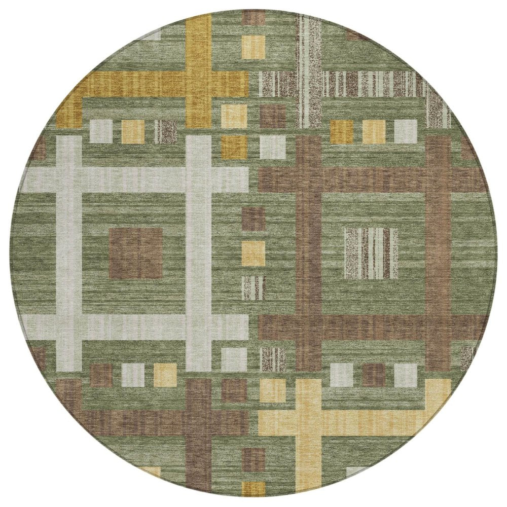 8' Olive Green And Gray Round Geometric Washable Indoor Outdoor Area Rug — view 1