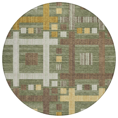 8' Olive Green And Gray Round Geometric Washable Indoor Outdoor Area Rug HomeRoots