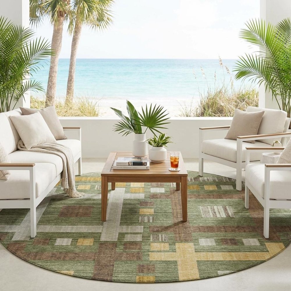 8' Olive Green And Gray Round Geometric Washable Indoor Outdoor Area Rug HomeRoots