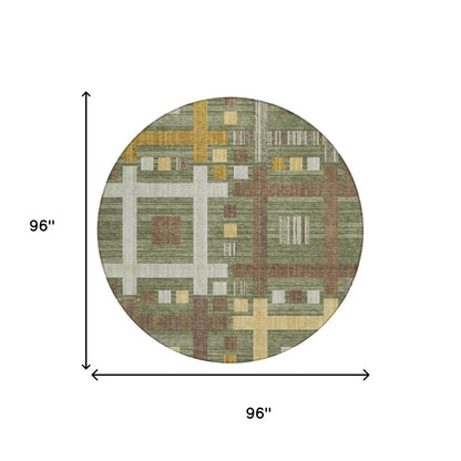 8' Olive Green And Gray Round Geometric Washable Indoor Outdoor Area Rug HomeRoots