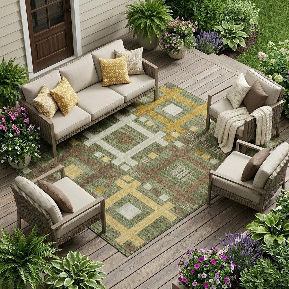 8' X 10' Olive Green And Gray Geometric Washable Indoor Outdoor Area Rug