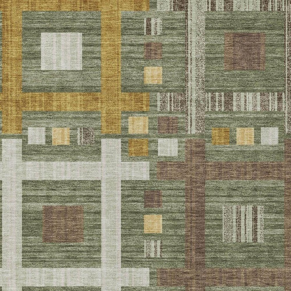 8' X 10' Olive Green And Gray Geometric Washable Indoor Outdoor Area Rug