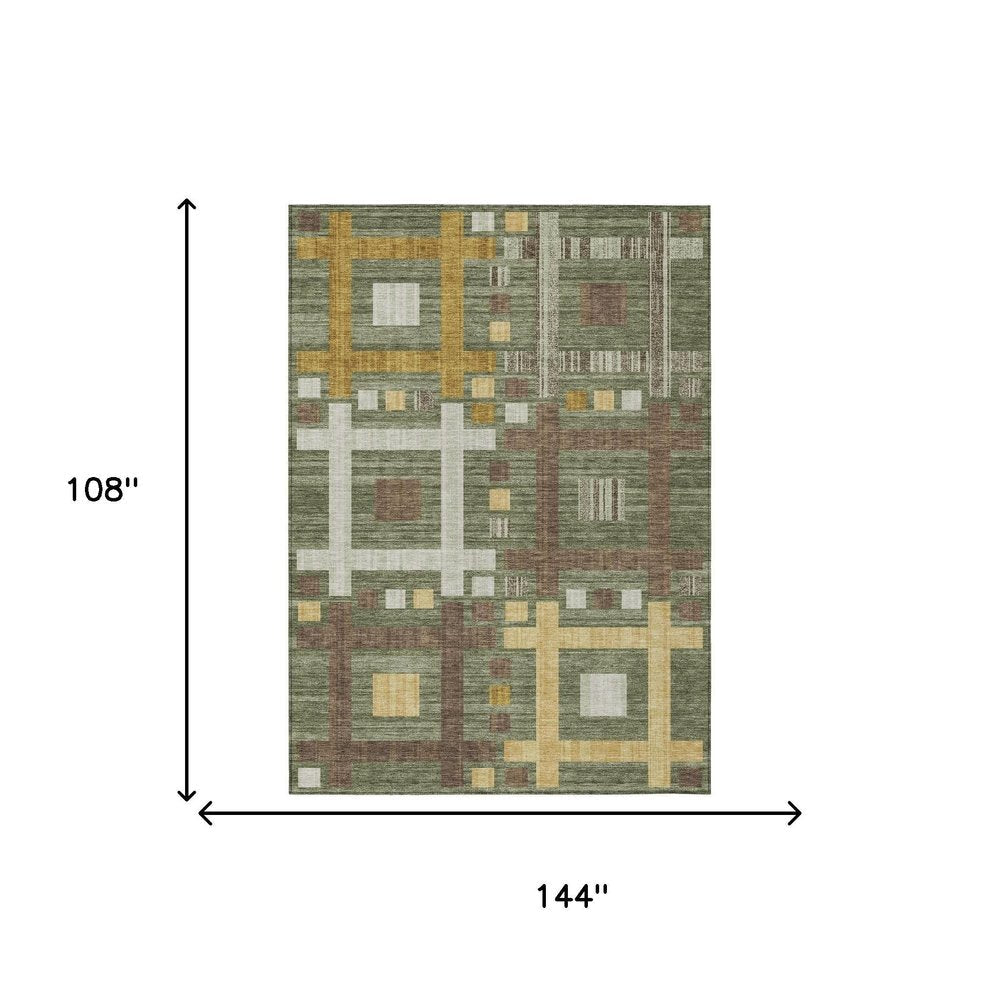 9' X 12' Olive Green And Gray Geometric Washable Indoor Outdoor Area Rug — view 4