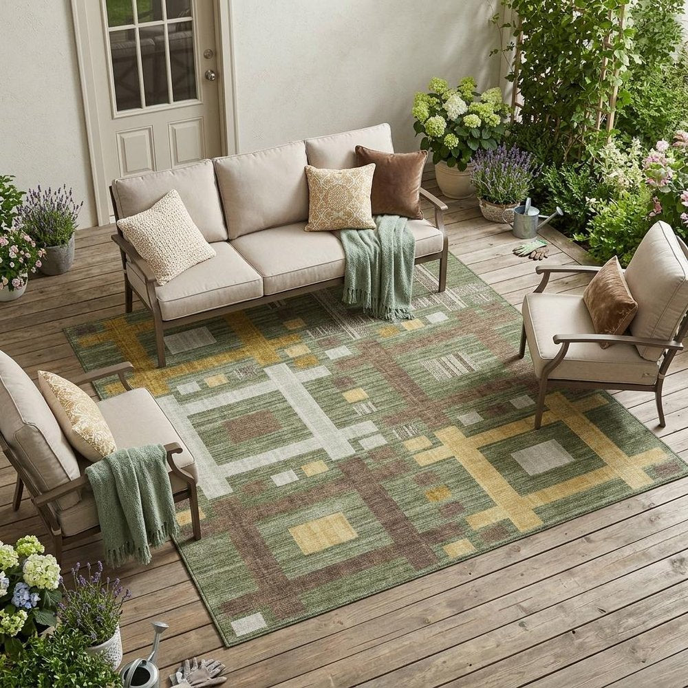 9' X 12' Olive Green And Gray Geometric Washable Indoor Outdoor Area Rug — view 5