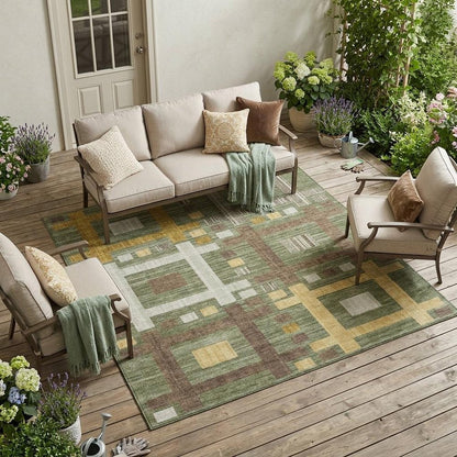 9' X 12' Olive Green And Gray Geometric Washable Indoor Outdoor Area Rug HomeRoots
