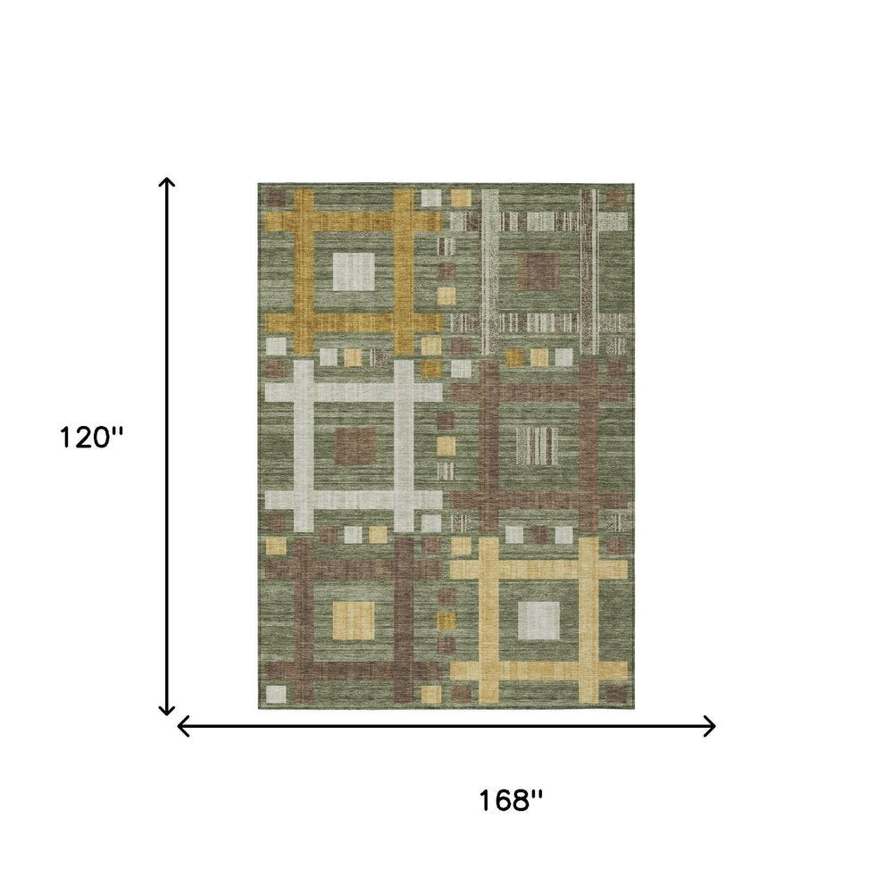 10' X 14' Olive Green And Gray Geometric Washable Indoor Outdoor Area Rug — view 4
