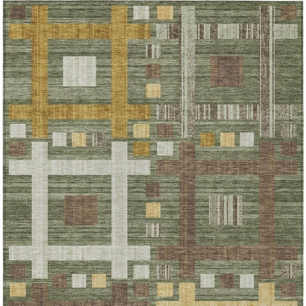 10' X 14' Olive Green And Gray Geometric Washable Indoor Outdoor Area Rug HomeRoots