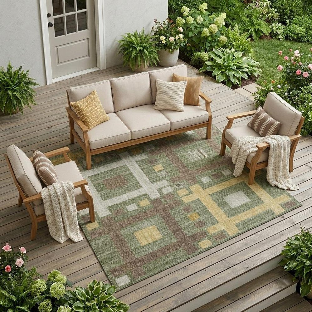 10' X 14' Olive Green And Gray Geometric Washable Indoor Outdoor Area Rug HomeRoots