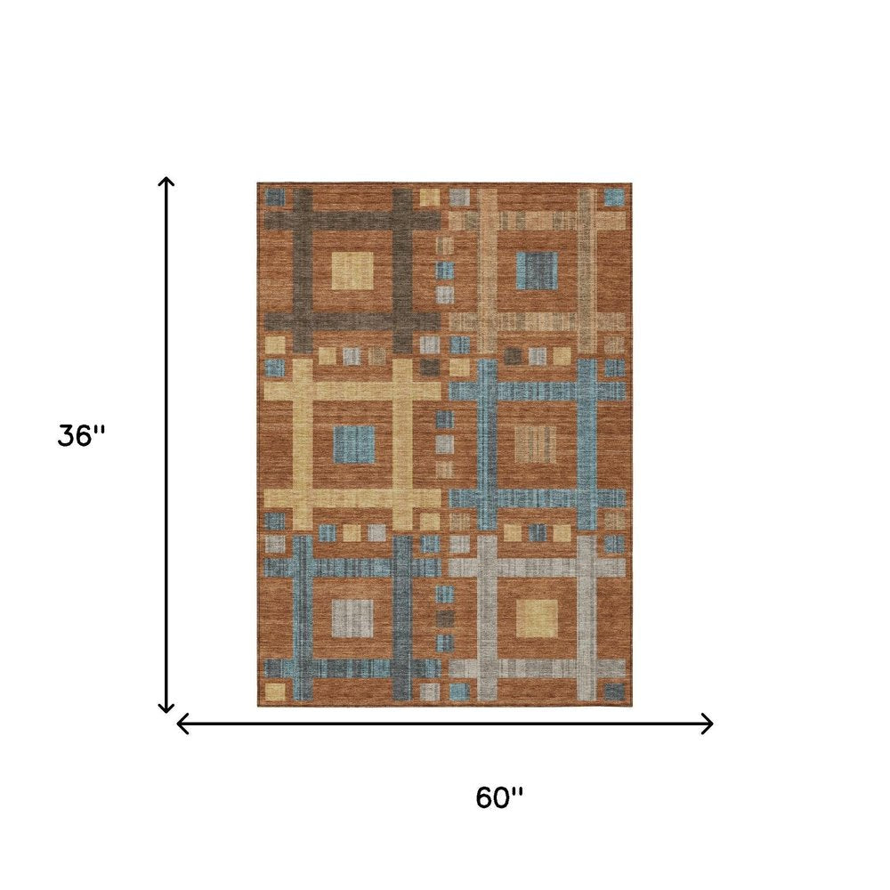 3' X 5' Orange And Gold Geometric Washable Indoor Outdoor Area Rug — view 4