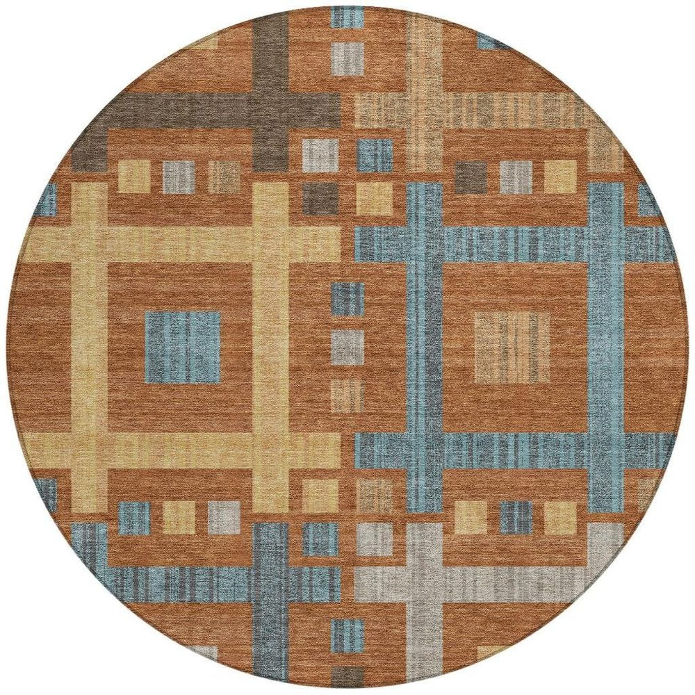 8' Orange And Gold Round Geometric Washable Indoor Outdoor Area Rug HomeRoots