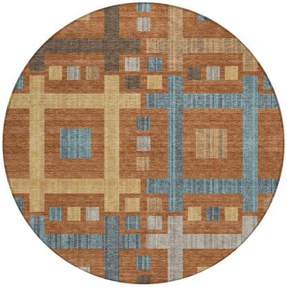 8' Orange And Gold Round Geometric Washable Indoor Outdoor Area Rug HomeRoots