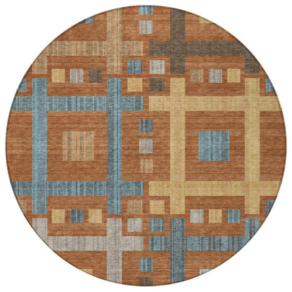 8' Orange And Gold Round Geometric Washable Indoor Outdoor Area Rug HomeRoots