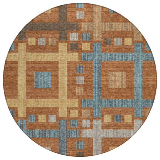 8' Orange And Gold Round Geometric Washable Indoor Outdoor Area Rug