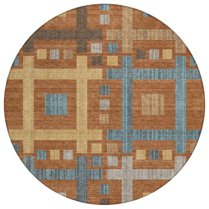8' Orange And Gold Round Geometric Washable Indoor Outdoor Area Rug HomeRoots