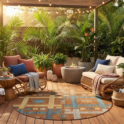 8' Orange And Gold Round Geometric Washable Indoor Outdoor Area Rug HomeRoots
