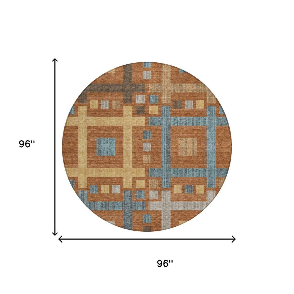 8' Orange And Gold Round Geometric Washable Indoor Outdoor Area Rug — view 4