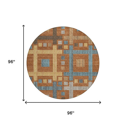 8' Orange And Gold Round Geometric Washable Indoor Outdoor Area Rug HomeRoots
