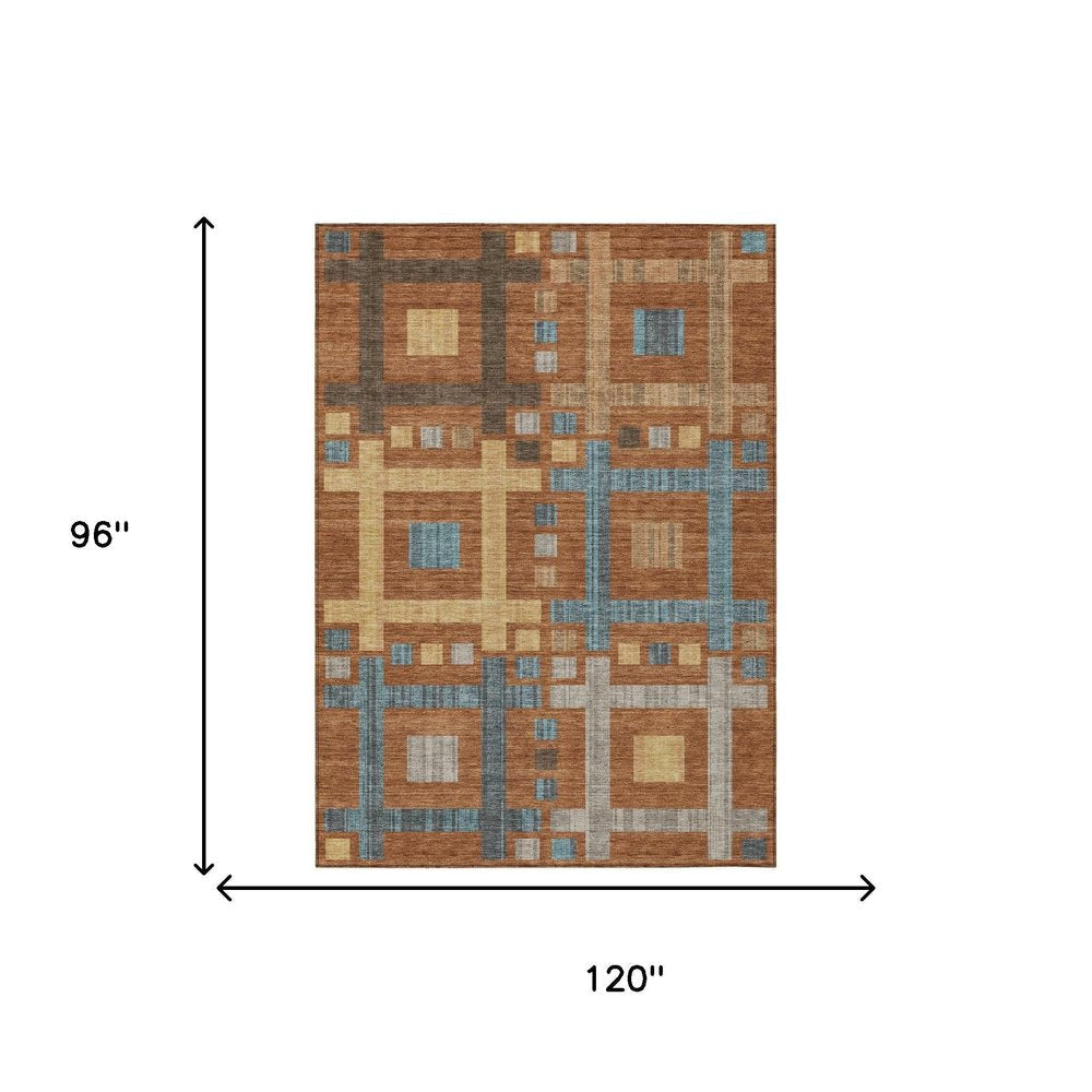 8' X 10' Orange And Gold Geometric Washable Indoor Outdoor Area Rug HomeRoots