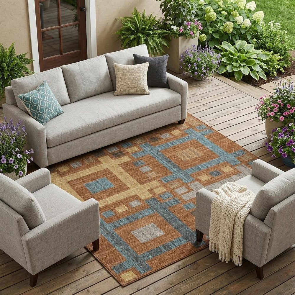 8' X 10' Orange And Gold Geometric Washable Indoor Outdoor Area Rug — view 5
