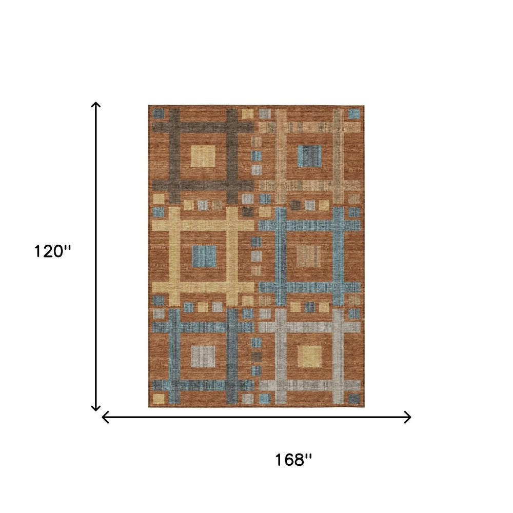 10' X 14' Orange And Gold Geometric Washable Indoor Outdoor Area Rug HomeRoots