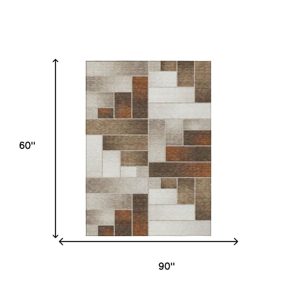 5' X 8' Beige And Graphite Geometric Washable Indoor Outdoor Area Rug — view 4
