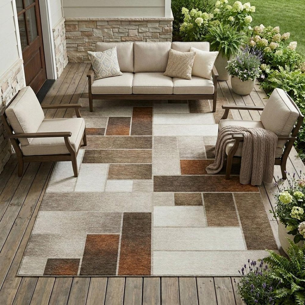 9' X 12' Beige And Graphite Geometric Washable Indoor Outdoor Area Rug — view 5