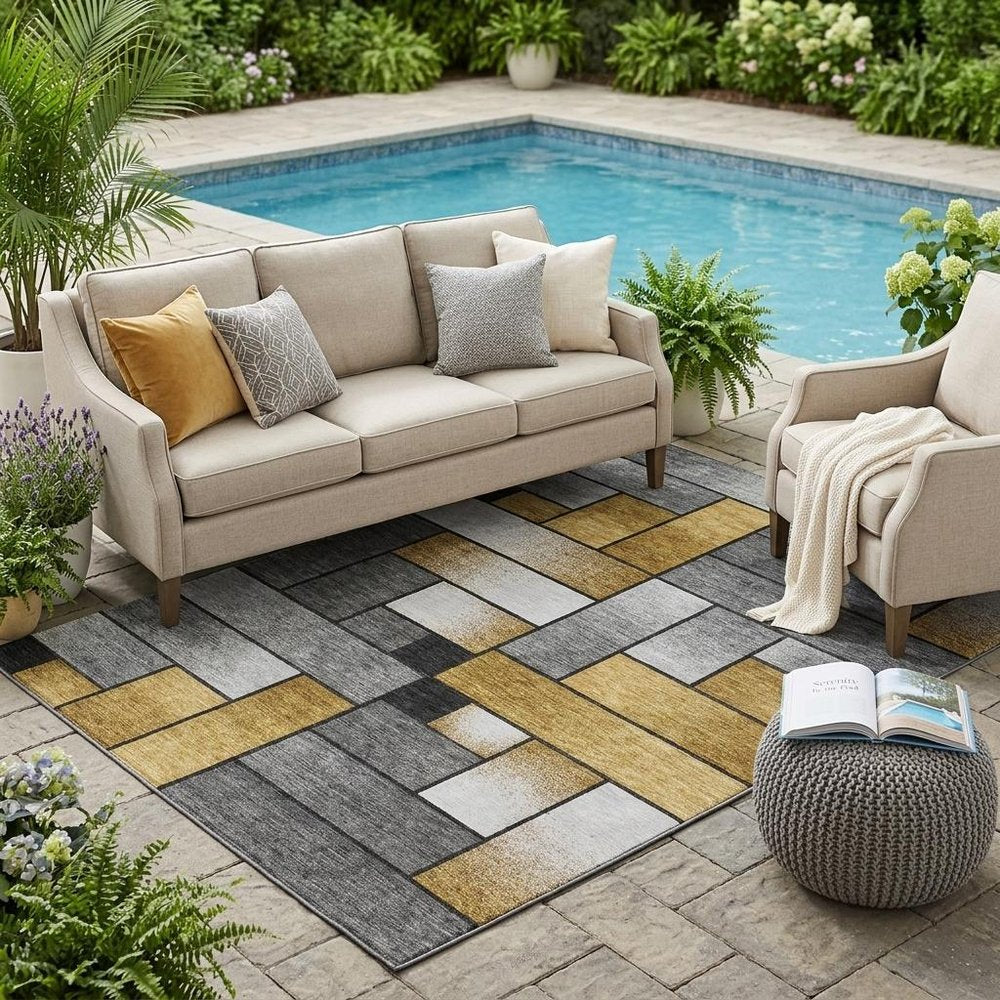 5' X 8' Black And Khaki Geometric Washable Indoor Outdoor Area Rug — view 5
