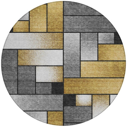 8' Black And Khaki Round Geometric Washable Indoor Outdoor Area Rug HomeRoots