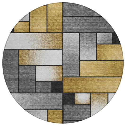 8' Black And Khaki Round Geometric Washable Indoor Outdoor Area Rug
