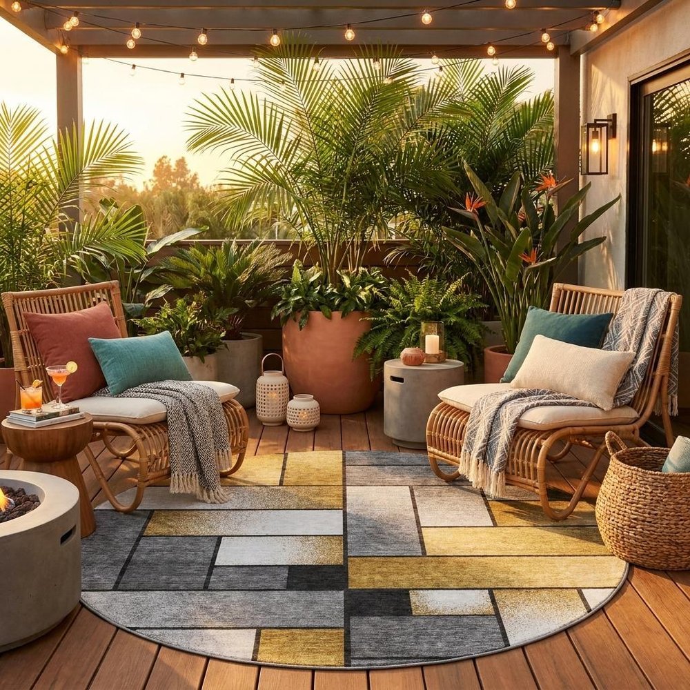 8' Black And Khaki Round Geometric Washable Indoor Outdoor Area Rug — view 5