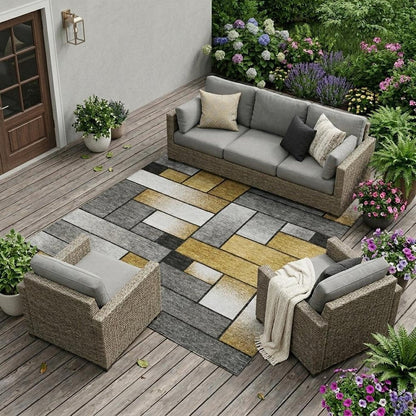 8' X 10' Black And Khaki Geometric Washable Indoor Outdoor Area Rug