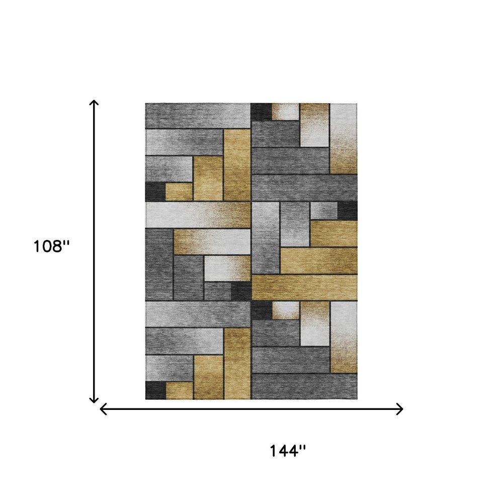 9' X 12' Black And Khaki Geometric Washable Indoor Outdoor Area Rug — view 4