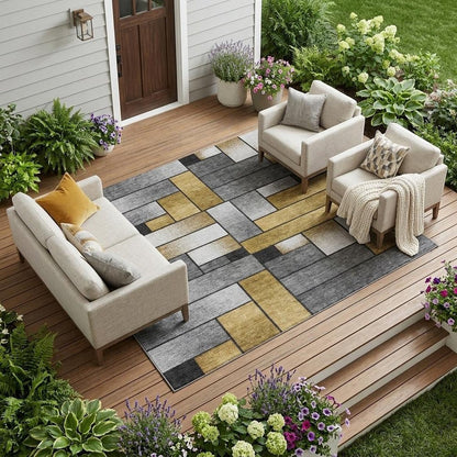 9' X 12' Black And Khaki Geometric Washable Indoor Outdoor Area Rug HomeRoots