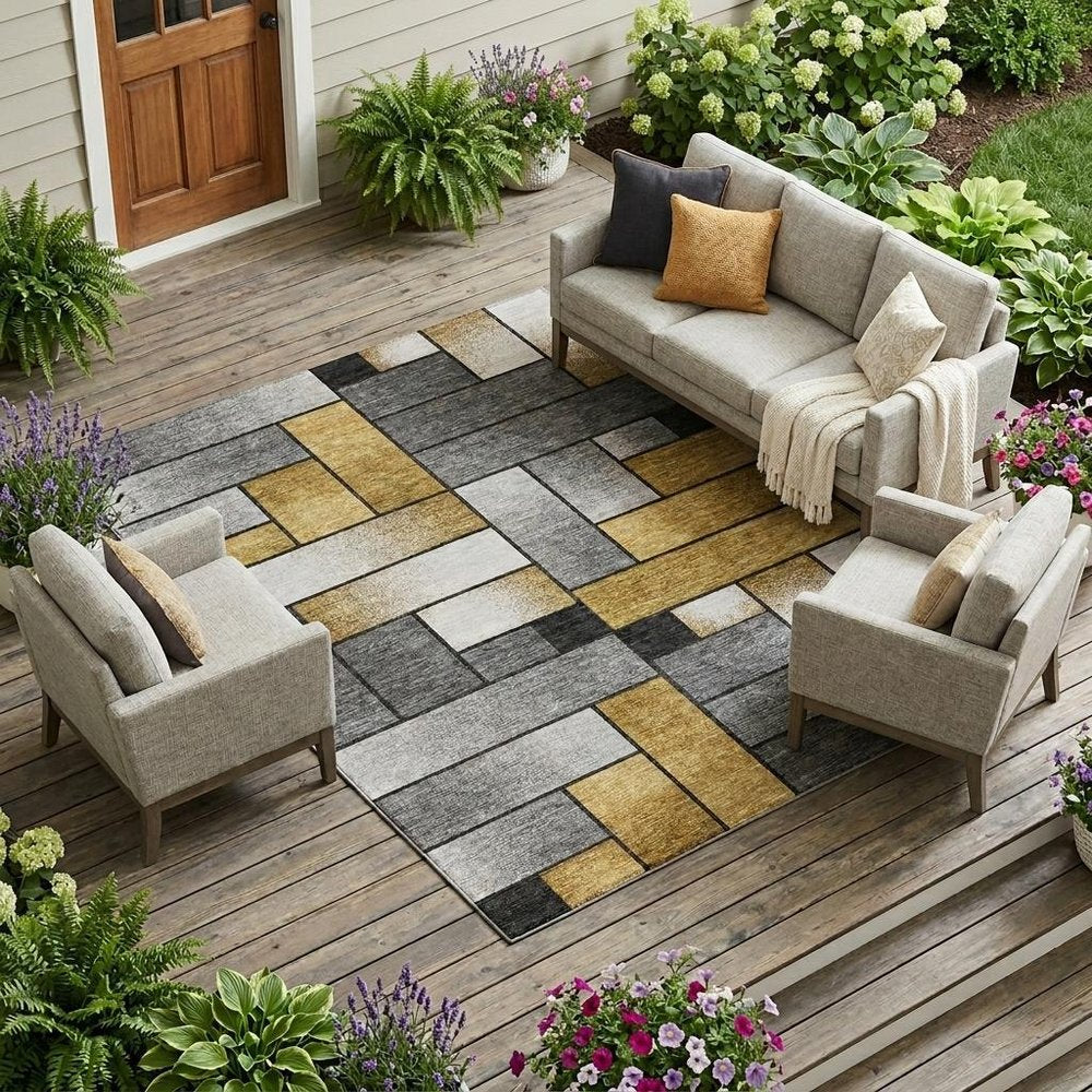 10' X 14' Black And Khaki Geometric Washable Indoor Outdoor Area Rug — view 5