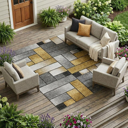 10' X 14' Black And Khaki Geometric Washable Indoor Outdoor Area Rug
