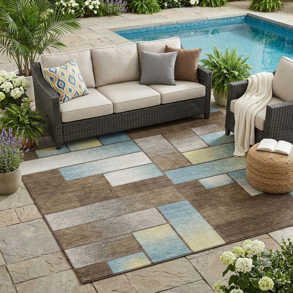 5' X 8' Brown And Gray Geometric Washable Indoor Outdoor Area Rug — view 5