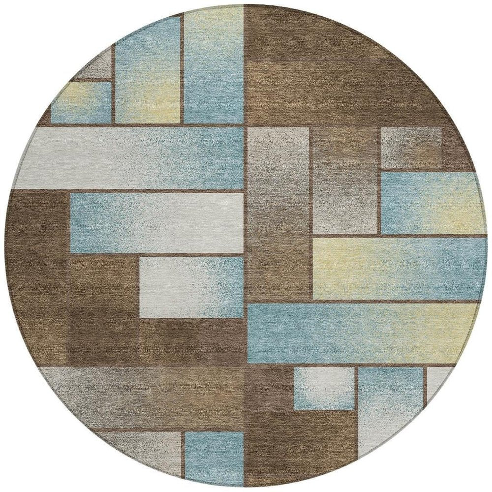8' Brown And Gray Round Geometric Washable Indoor Outdoor Area Rug — view 7