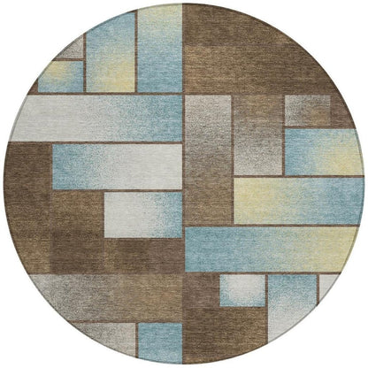 8' Brown And Gray Round Geometric Washable Indoor Outdoor Area Rug HomeRoots