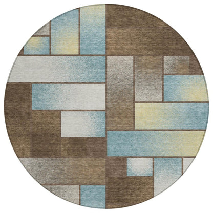 8' Brown And Gray Round Geometric Washable Indoor Outdoor Area Rug HomeRoots