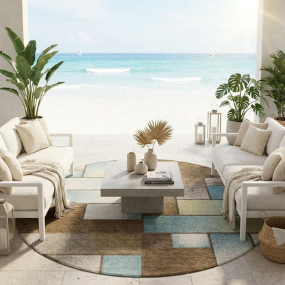 8' Brown And Gray Round Geometric Washable Indoor Outdoor Area Rug HomeRoots
