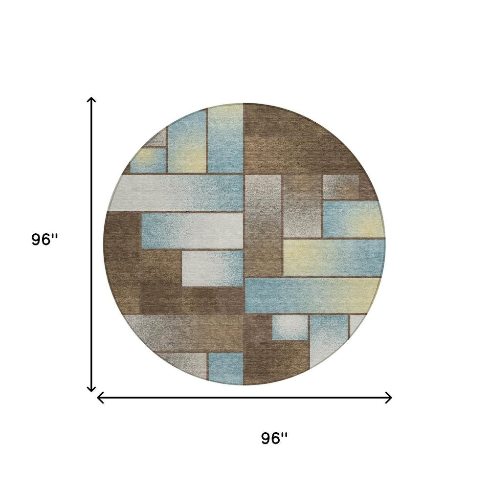 8' Brown And Gray Round Geometric Washable Indoor Outdoor Area Rug — view 4