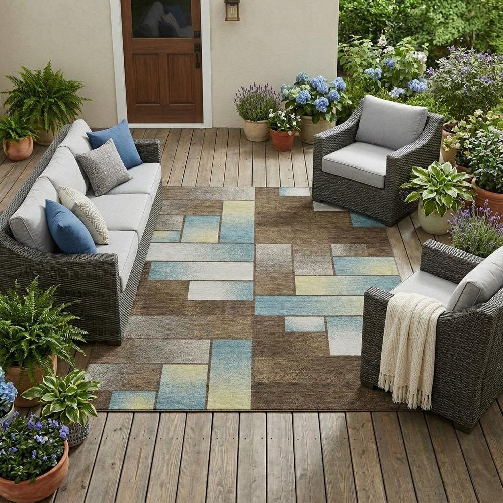 9' X 12' Brown And Gray Geometric Washable Indoor Outdoor Area Rug — view 5