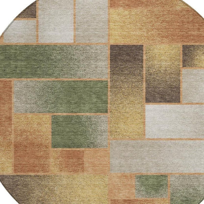 8' Copper And Orange Round Geometric Washable Indoor Outdoor Area Rug
